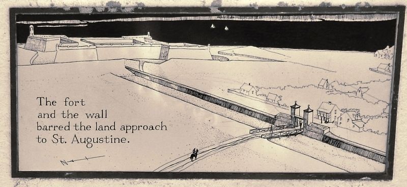 Marker detail: The fort and the wall barred the land approach to St. Augustine. Click for full size. Marker detail: The fort and the wall barred the land approach to St. Augustine image. Click for full size.