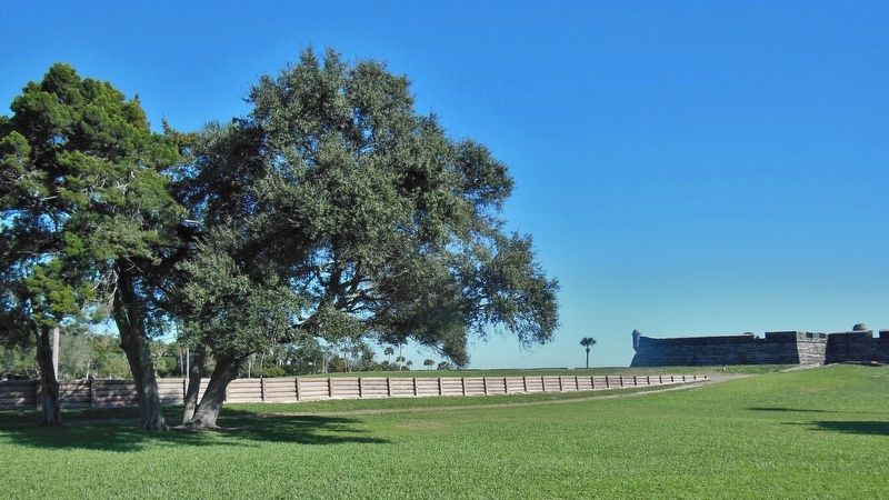 The Town Wall Replica & Fort Castillo de San Marcos (<i>view from Castillo Drive, near marker</i>). Click for full size. The Town Wall Replica & Fort Castillo de San Marcos (<i>view from Castillo Drive, near marker</i>) image. Click for full size.