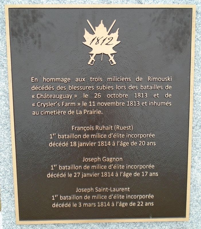 Rimouski War of 1812 Honored Dead Marker. Click for full size. Rimouski War of 1812 Honored Dead Marker image. Click for full size.