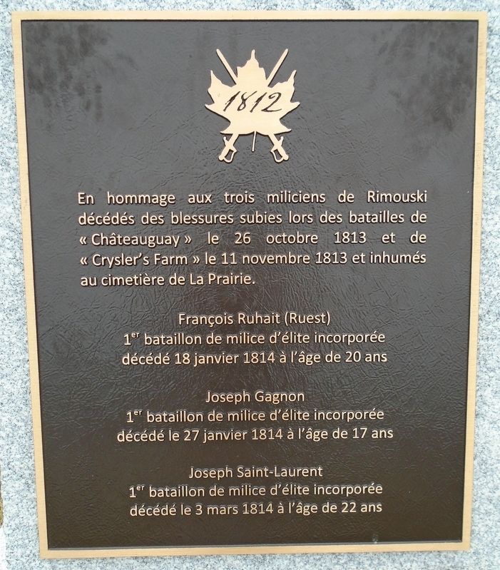 Rimouski War of 1812 Honored Dead Marker image. Click for full size.