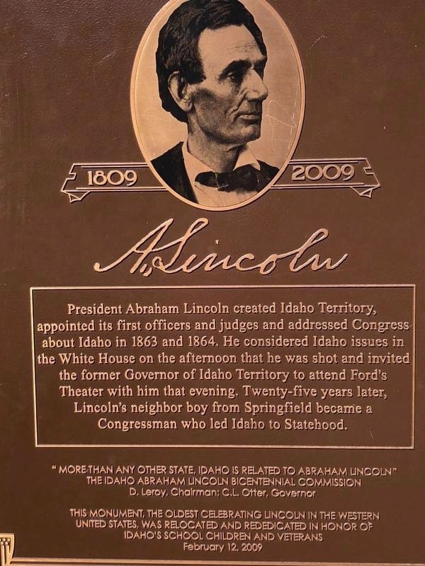 Abraham Lincoln and Idaho Marker. Click for full size. Abraham Lincoln and Idaho Marker image. Click for full size.