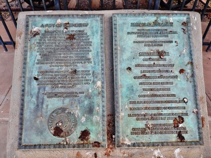 Arizona Merci Train Marker (<i>wide view; marker on left; boxcar restoration plaque on right</i>) image. Click for full size.