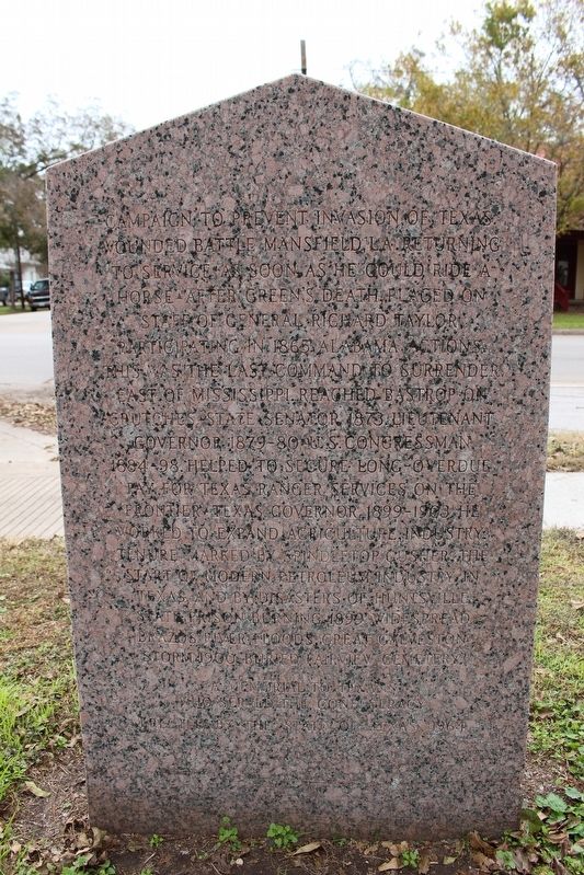 Home Town of Texas Confederate Major Joseph D. Sayers Marker Rear. Click for full size. Home Town of Texas Confederate Major Joseph D. Sayers Marker Rear image. Click for full size.