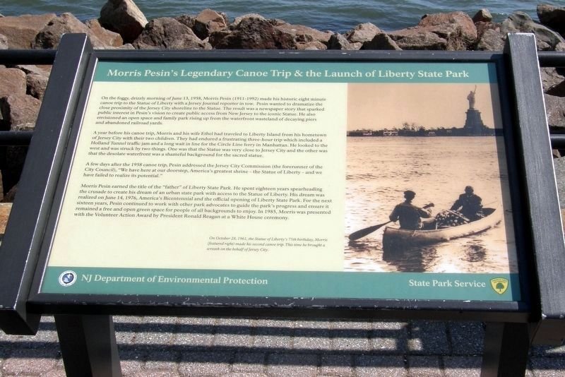 Morris Pesins Legendary Canoe Trip & the Launch of Liberty State Park Marker image. Click for full size.