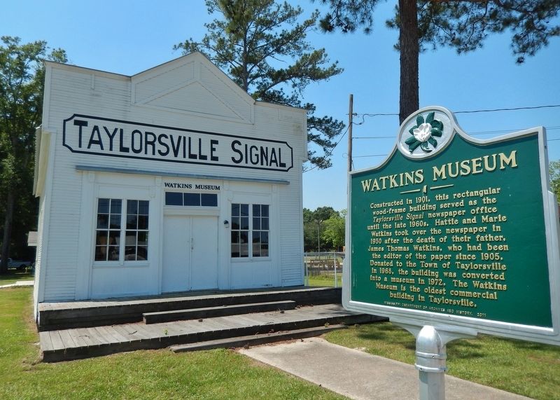 Watkins Museum Marker (<i>wide view; Taylorsville Signal building in background</i>) image. Click for full size.