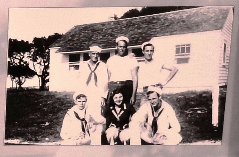 Marker detail: Coasties in front of their barracks image. Click for full size.