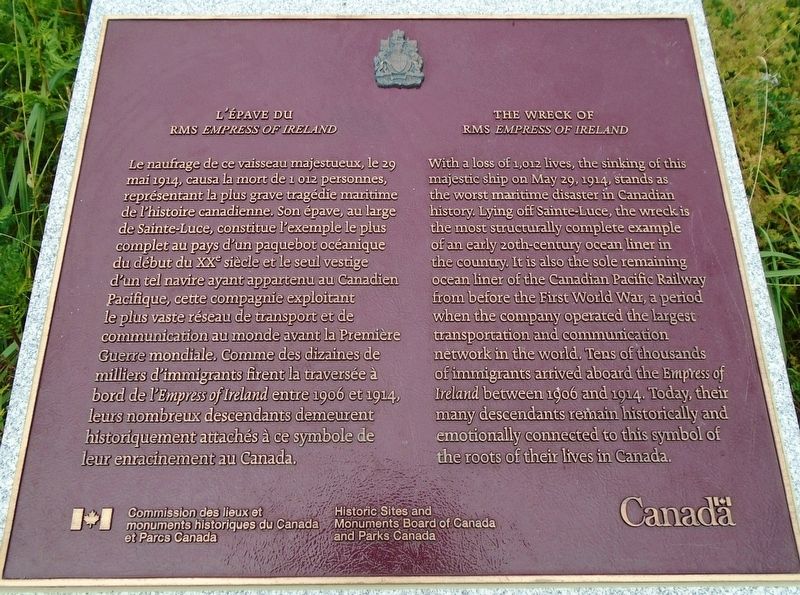 L'épave du/The Wreck of RMS <i>Empress of Ireland</i> Marker. Click for full size. L'épave du/The Wreck of RMS <i>Empress of Ireland</i> Marker image. Click for full size.