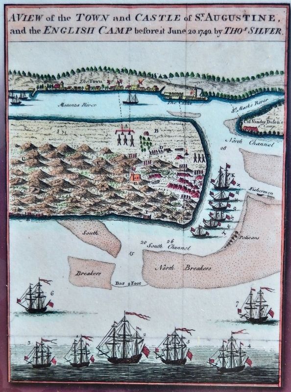 Marker detail: Thomas Silver map, 1740, depicting Oglethorpe's siege of St. Augustine image. Click for full size.