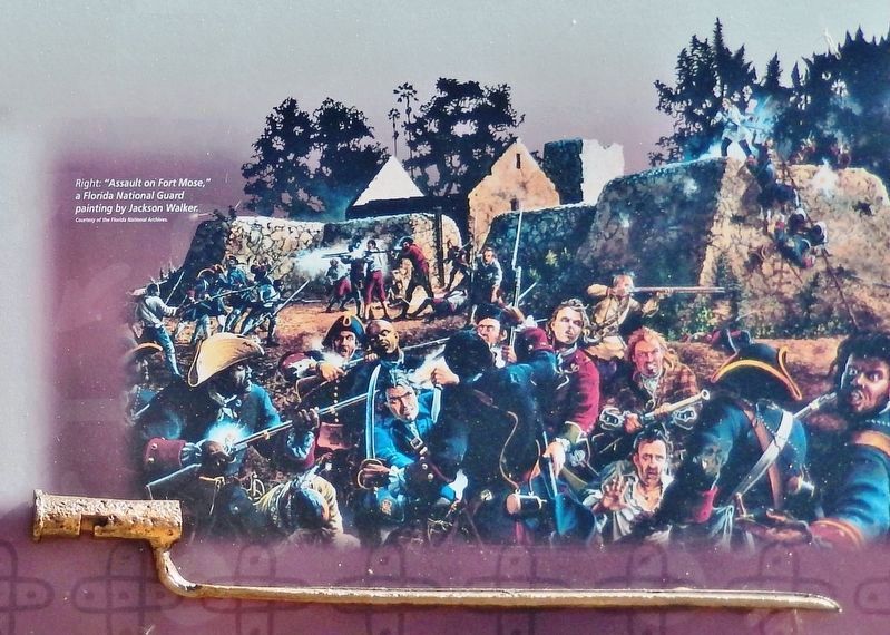 Marker detail: ”Assault on Fort Mose” - Florida National Guard painting by Jackson Walker image. Click for full size.