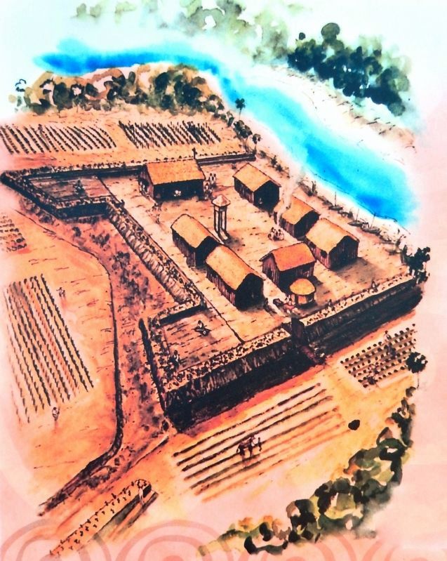 Marker detail: Fort Mose illustration based on research by historians Albert Manucy & Luis Arana image. Click for full size.