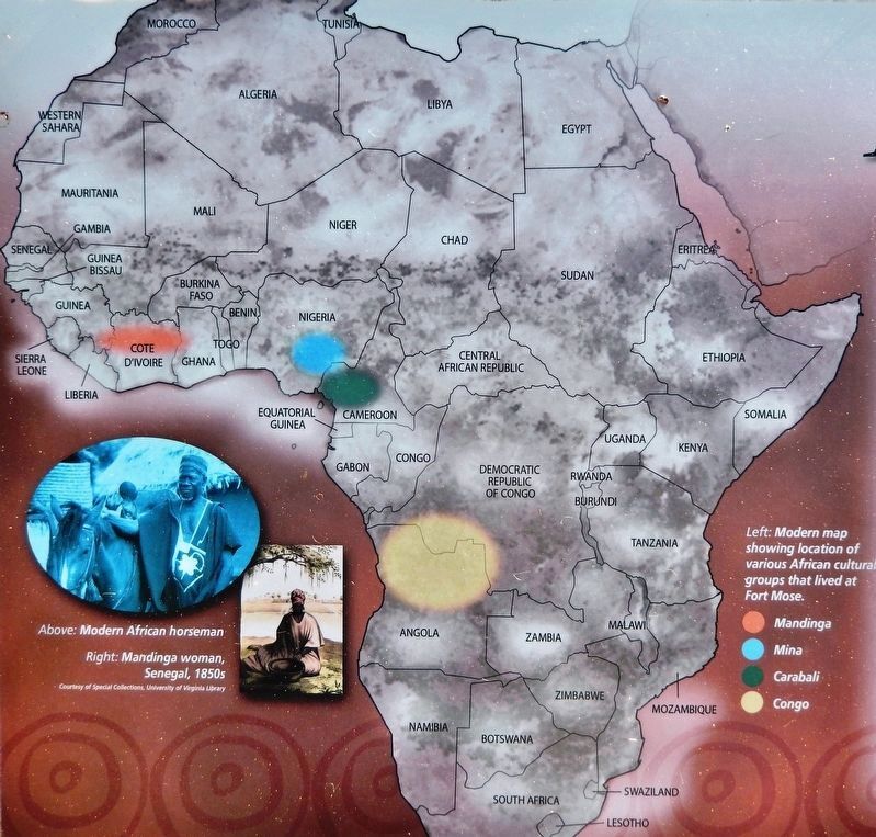 Marker detail: Map showing location of various African cultural groups that lived at Fort Mose. Click for full size. Marker detail: Map showing location of various African cultural groups that lived at Fort Mose image. Click for full size.