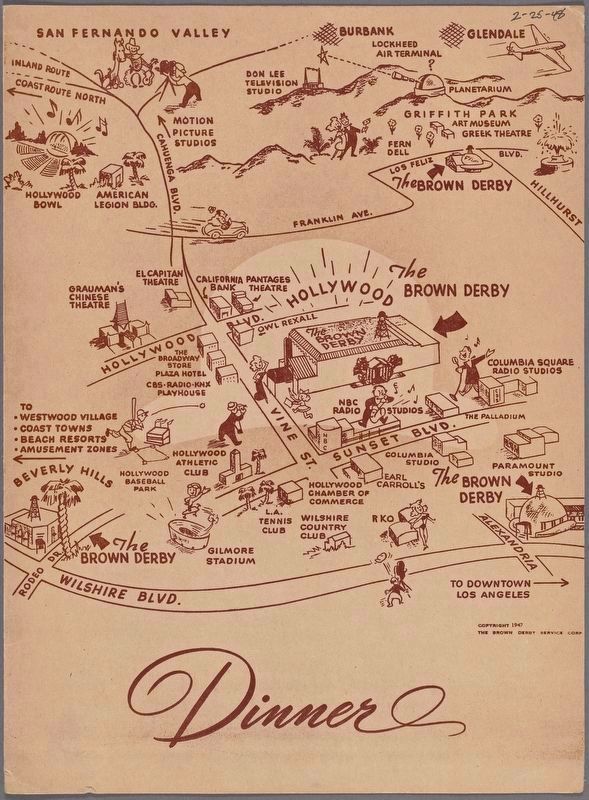 Front of Brown Derby Restaurant Menu, showing the four locations in 1948 image. Click for full size.