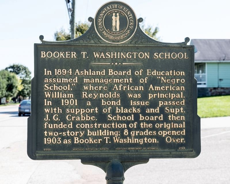 Booker T. Washington School Marker, side one image. Click for full size.