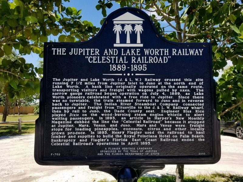 The Jupiter and Lake Worth Railway, "Celestial Railroad" 1889-1895 Marker. Click for full size. The Jupiter and Lake Worth Railway, "Celestial Railroad" 1889-1895 Marker image. Click for full size.