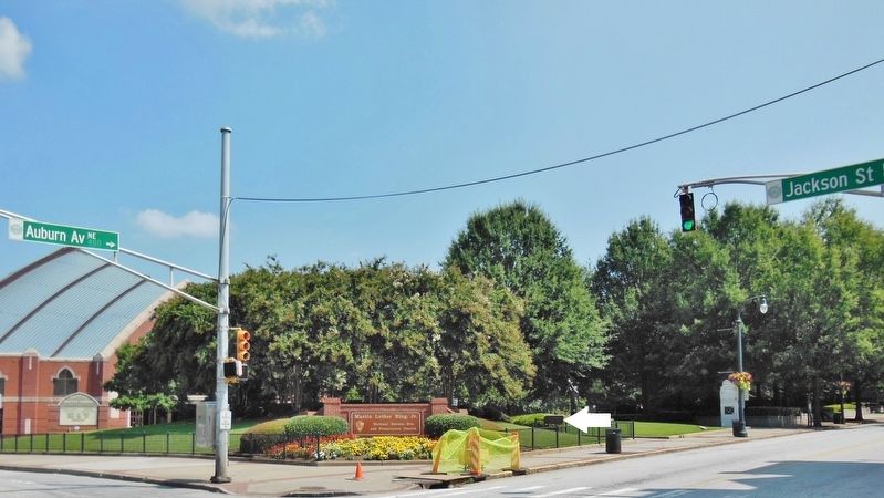 Ebenezer Baptist Church Marker (<i>wide view from corner; marker visible inside fence on right</i>). Click for full size. Ebenezer Baptist Church Marker (<i>wide view from corner; marker visible inside fence on right</i>) image. Click for full size.