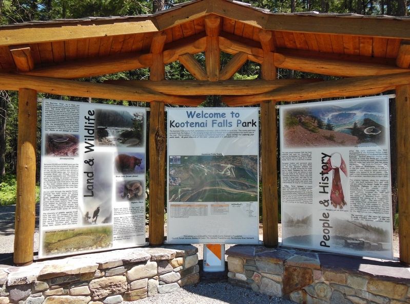 Kootenai Falls People and History Kiosk (<i>wide view; marker is the right-most of 3 panels</i>) image. Click for full size.