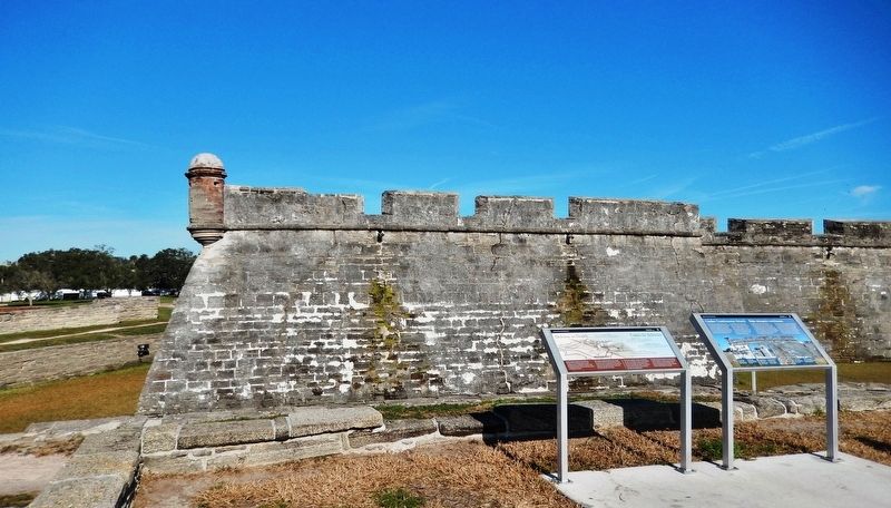 Defense in Depth Marker (<i>wide view; related marker on right; San Pedro Bastion in background</i>) image. Click for full size.