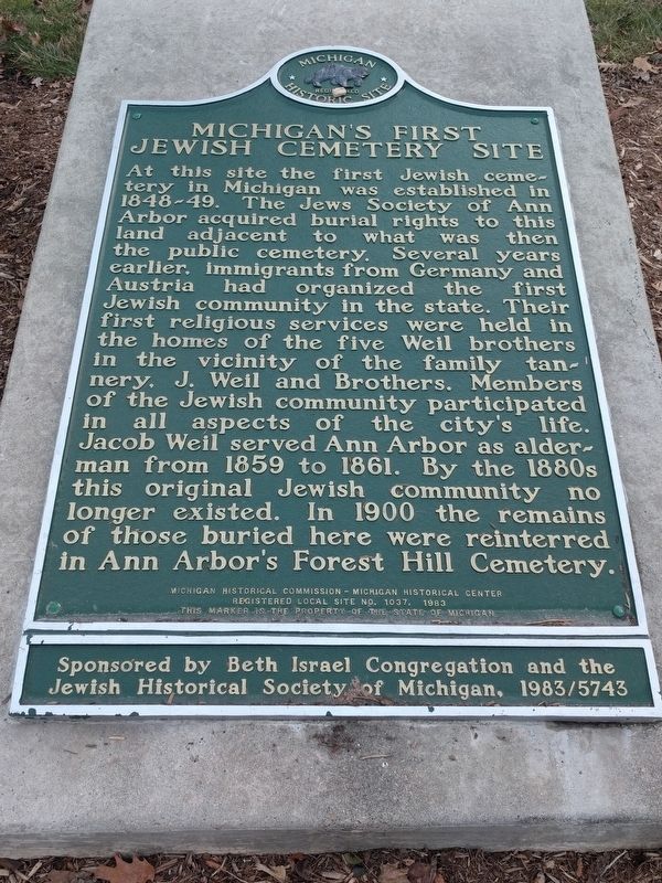 Michigan's First Jewish Cemetery Marker. Click for full size. Michigan's First Jewish Cemetery Marker image. Click for full size.