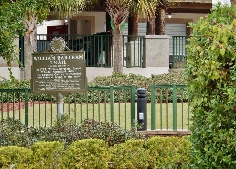 William Bartram Trail Marker (<i>tall view; St. Augustine Amphitheatre entrance in background</i>). Click for full size. William Bartram Trail Marker (<i>tall view; St. Augustine Amphitheatre entrance in background</i>) image. Click for full size.