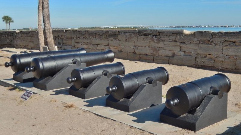 Cannons on exhibit beside marker (<i>Matanzas Bay in the background</i>) image. Click for full size.