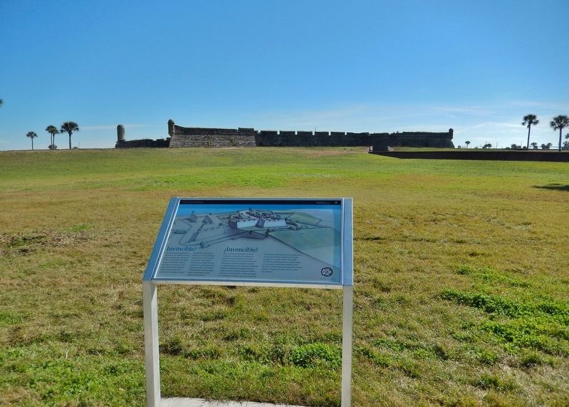 Invincible? Marker (<i>wide view; Castillo de San Marcos northwest corner in background</i>). Click for full size. Invincible? Marker (<i>wide view; Castillo de San Marcos northwest corner in background</i>) image. Click for full size.