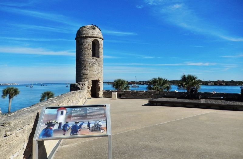 It Begins Marker (<i>wide view; San Carlos Bastion, Watchtower, and Matanzas Bay in background</i>) image. Click for full size.