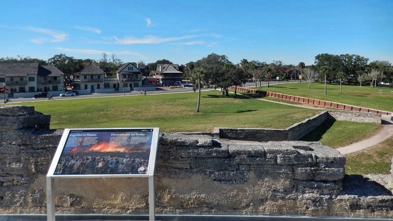 Engulfed in Flames Marker (<i>wide view; St. Augustine old town and city wall in background</i>) image. Click for full size.