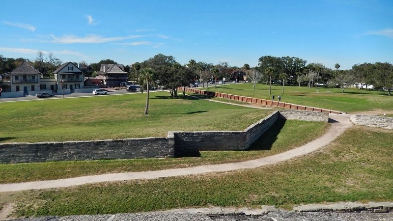 Moat, Old Town, and St. Augustine City Wall (<i>view west from marker</i>) image. Click for full size.