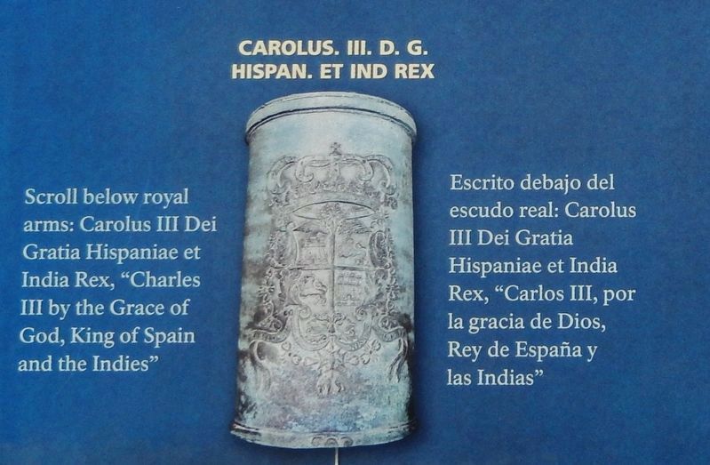Marker detail: CAROLUS. III. D. G. HISPAN. ET IND REX image. Click for full size.