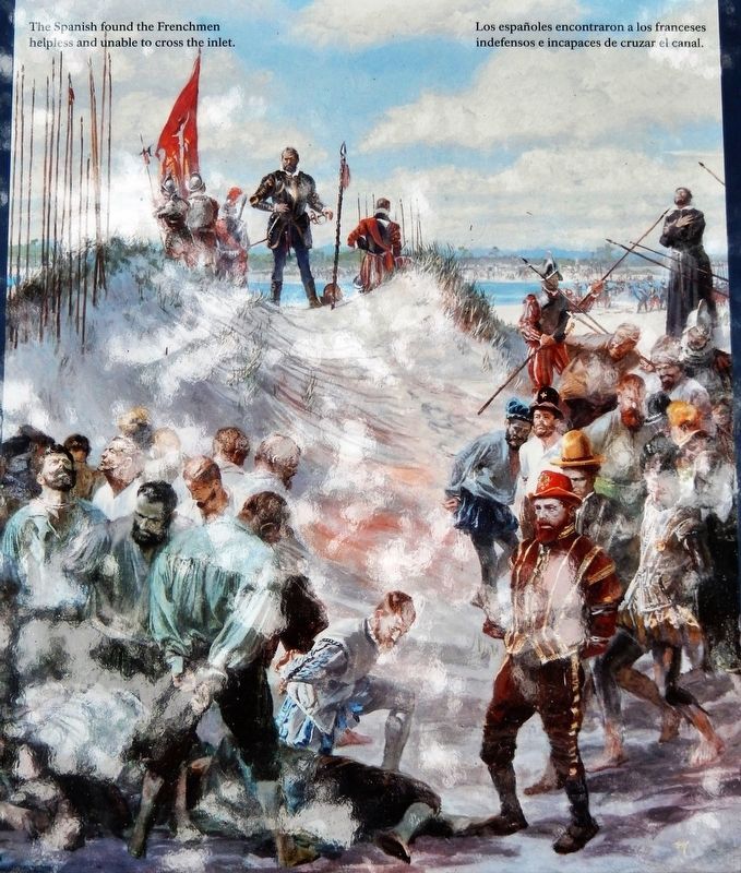 Marker detail: The Spanish found the Frenchmen helpless and unable to cross the inlet image. Click for full size.