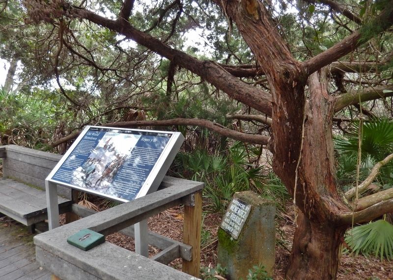 Massacre by Menendez Marker (<i>wide view; showing location beside boardwalk & related marker</i>). Click for full size. Massacre by Menendez Marker (<i>wide view; showing location beside boardwalk & related marker</i>) image. Click for full size.