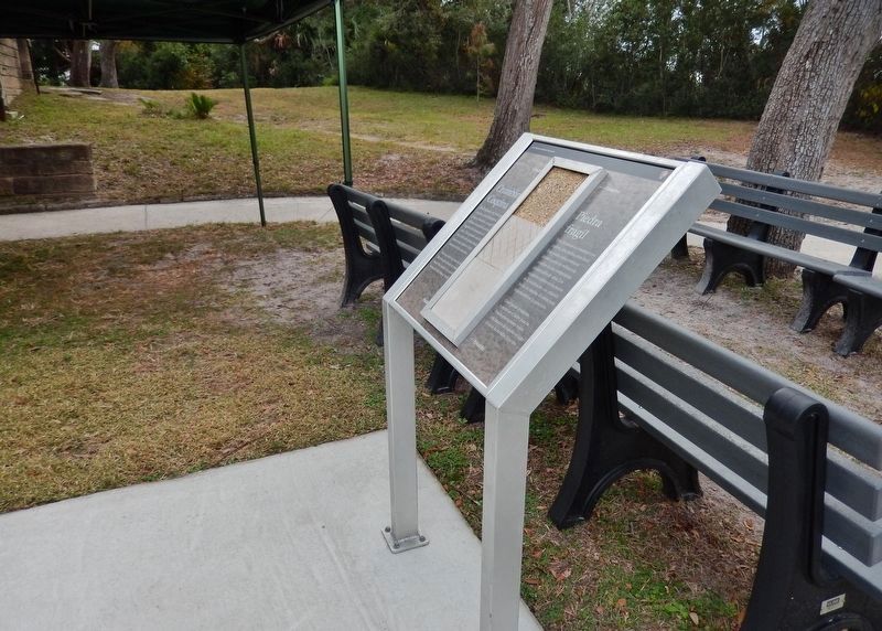 Crumbling Coquina Marker (<i>wide view; Fort Matanzas Visitor Center is to the left</i>). Click for full size. Crumbling Coquina Marker (<i>wide view; Fort Matanzas Visitor Center is to the left</i>) image. Click for full size.