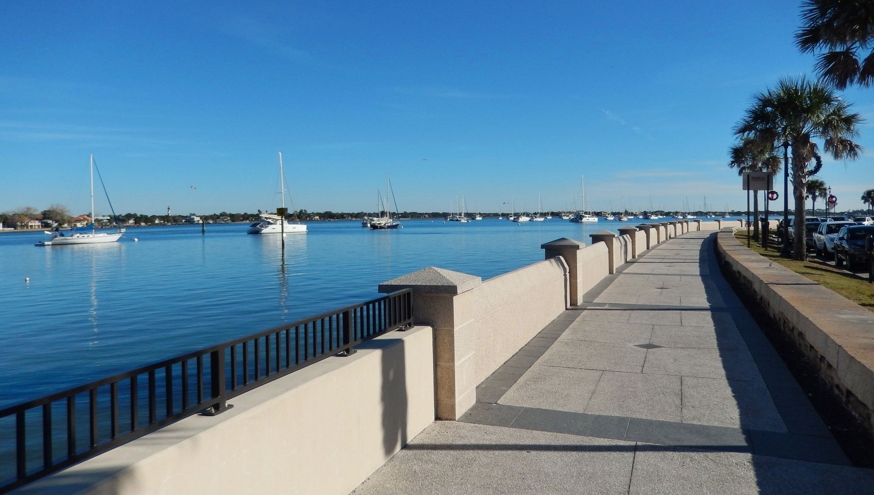 St. Augustine Seawall (<i>south of marker; new seawall left; historic coquina seawall on right</i>) image. Click for full size.