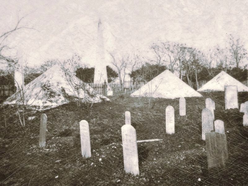 Marker detail: Cemetery before 1873 with wooden headboards and stucco-covered pyramids image. Click for full size.
