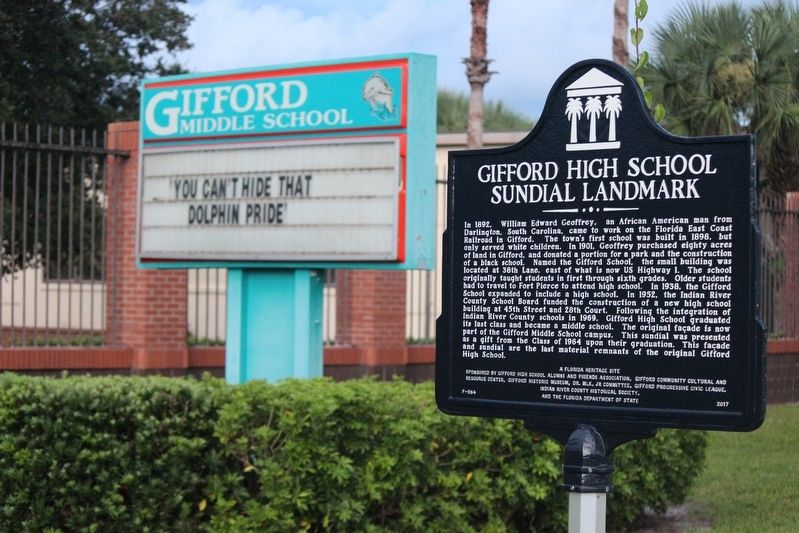 Gifford High School Sundial Landmark Marker and Gifford Middle School sign image. Click for full size.