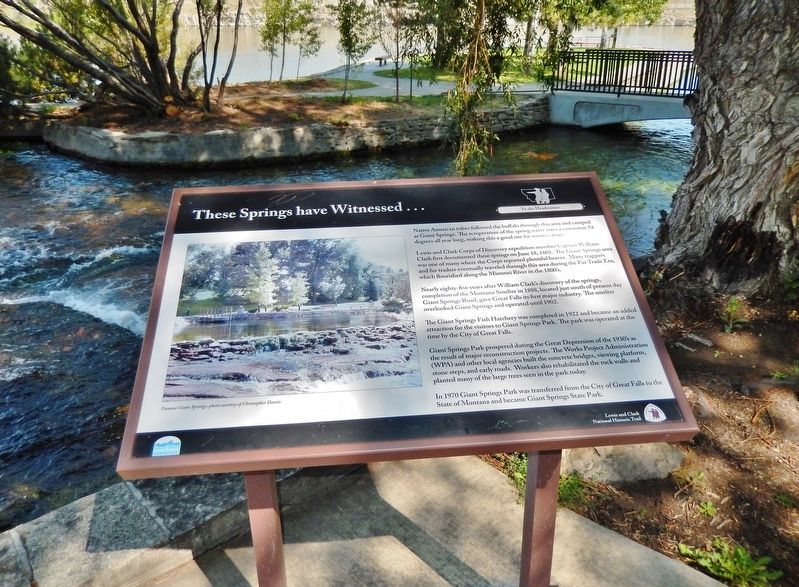 These Springs Have Witnessed... Marker (<i>wide view; Giant Springs & Missouri River background</i>) image. Click for full size.