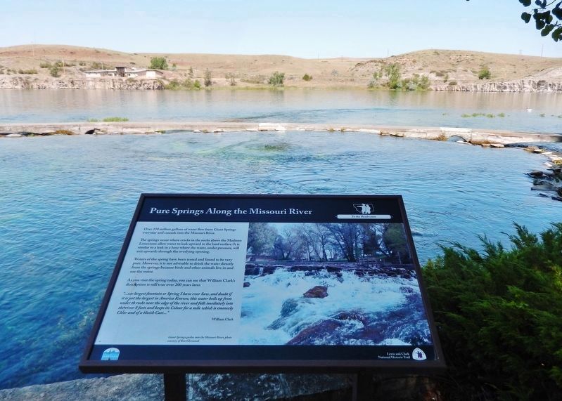 Pure Springs Marker (<i>tall view; Giant Springs and Missouri River in background</i>) image. Click for full size.