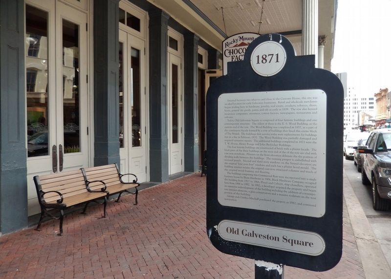 Old Galveston Square Marker (<i>side 1; wide view looking west along Strand Street</i>). Click for full size. Old Galveston Square Marker (<i>side 1; wide view looking west along Strand Street</i>) image. Click for full size.