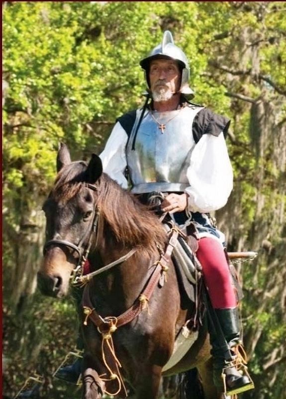 Marker detail: Reenactor demonstrates skill of De Sotos cavalry soldiers. Click for full size. Marker detail: Reenactor demonstrates skill of De Sotos cavalry soldiers image. Click for full size.