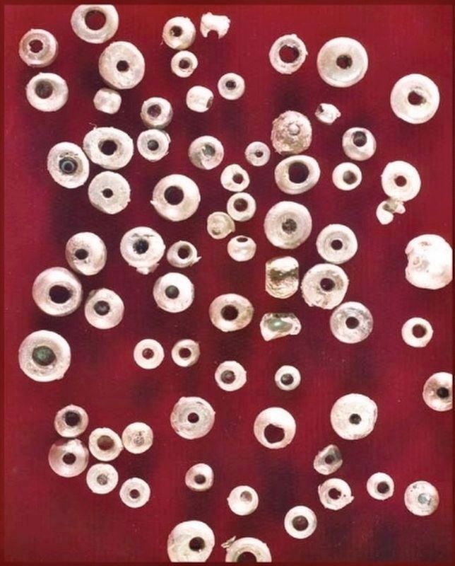 Marker detail: Freshwater pearls from ceremonial clothing discovered at Native American burial site. Click for full size. Marker detail: Freshwater pearls from ceremonial clothing discovered at Native American burial site image. Click for full size.