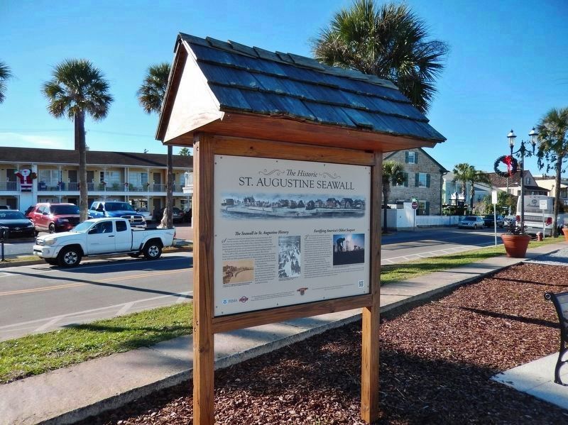 The Historic St. Augustine Seawall Marker (<i>looking west; Avenida Menendez in background</i>). Click for full size. The Historic St. Augustine Seawall Marker (<i>looking west; Avenida Menendez in background</i>) image. Click for full size.