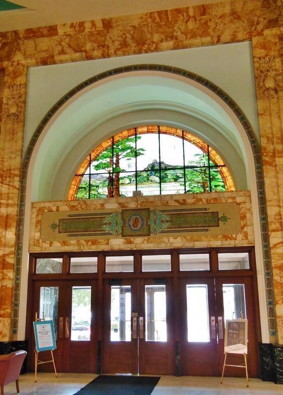 J. R. Watkins Medical Co. (<i>front entrance interior: "Sugarloaf Mountain" stained glass</i>). Click for full size. J. R. Watkins Medical Co. (<i>front entrance interior: "Sugarloaf Mountain" stained glass</i>) image. Click for full size.