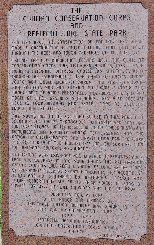 Civilian Conservation Corps and Reelfoot Lake State Park Marker. Click for full size. Civilian Conservation Corps and Reelfoot Lake State Park Marker image. Click for full size.