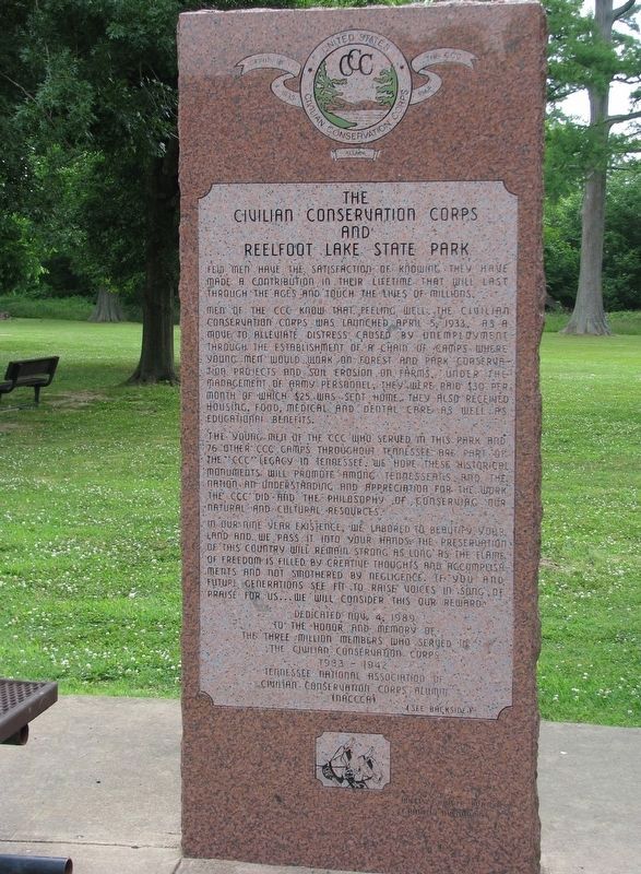 Civilian Conservation Corps and Reelfoot Lake State Park Marker (<i>wide view</i>) image. Click for full size.