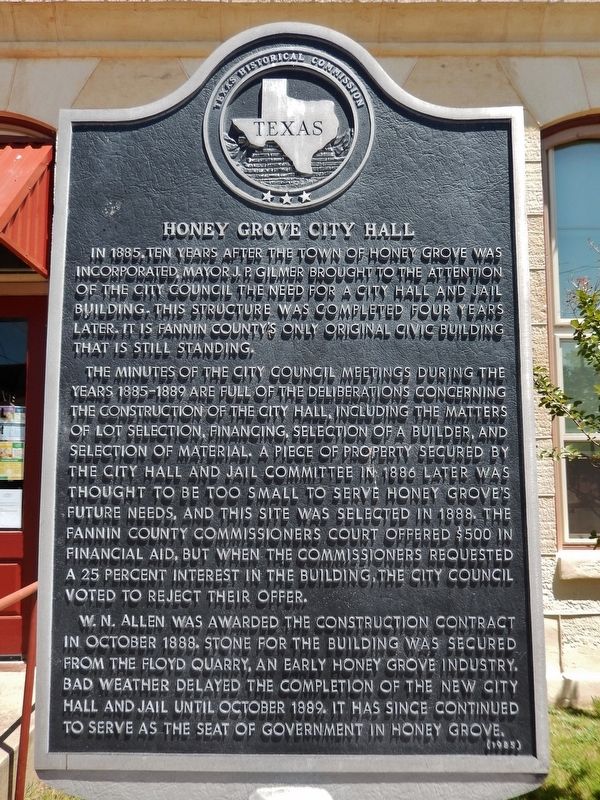 Honey Grove City Hall Marker. Click for full size. Honey Grove City Hall Marker image. Click for full size.