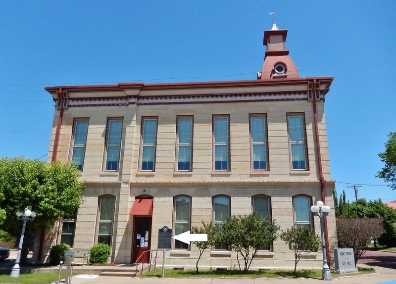 Honey Grove City Hall Marker (<i>wide view; south side of City Hall in background</i>). Click for full size. Honey Grove City Hall Marker (<i>wide view; south side of City Hall in background</i>) image. Click for full size.