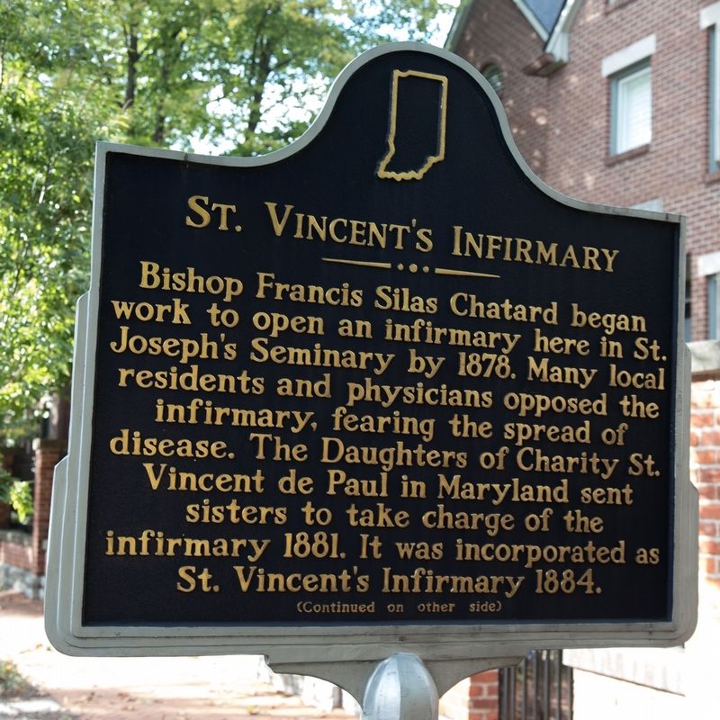 St. Vincent’s Infirmary Marker, side one. Click for full size. St. Vincent’s Infirmary Marker, side one image. Click for full size.