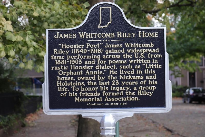 James Whitcomb Riley Home Marker, side one image. Click for full size.
