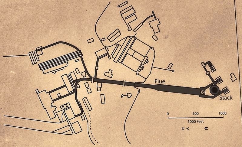Marker detail: Birdseye view of the smelter showing network of flues that vented through the stack image. Click for full size.