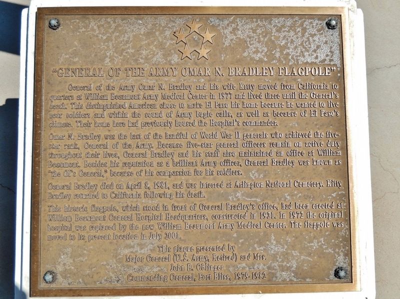 General of the Army Omar N. Bradley Flagpole Marker. Click for full size. General of the Army Omar N. Bradley Flagpole Marker image. Click for full size.